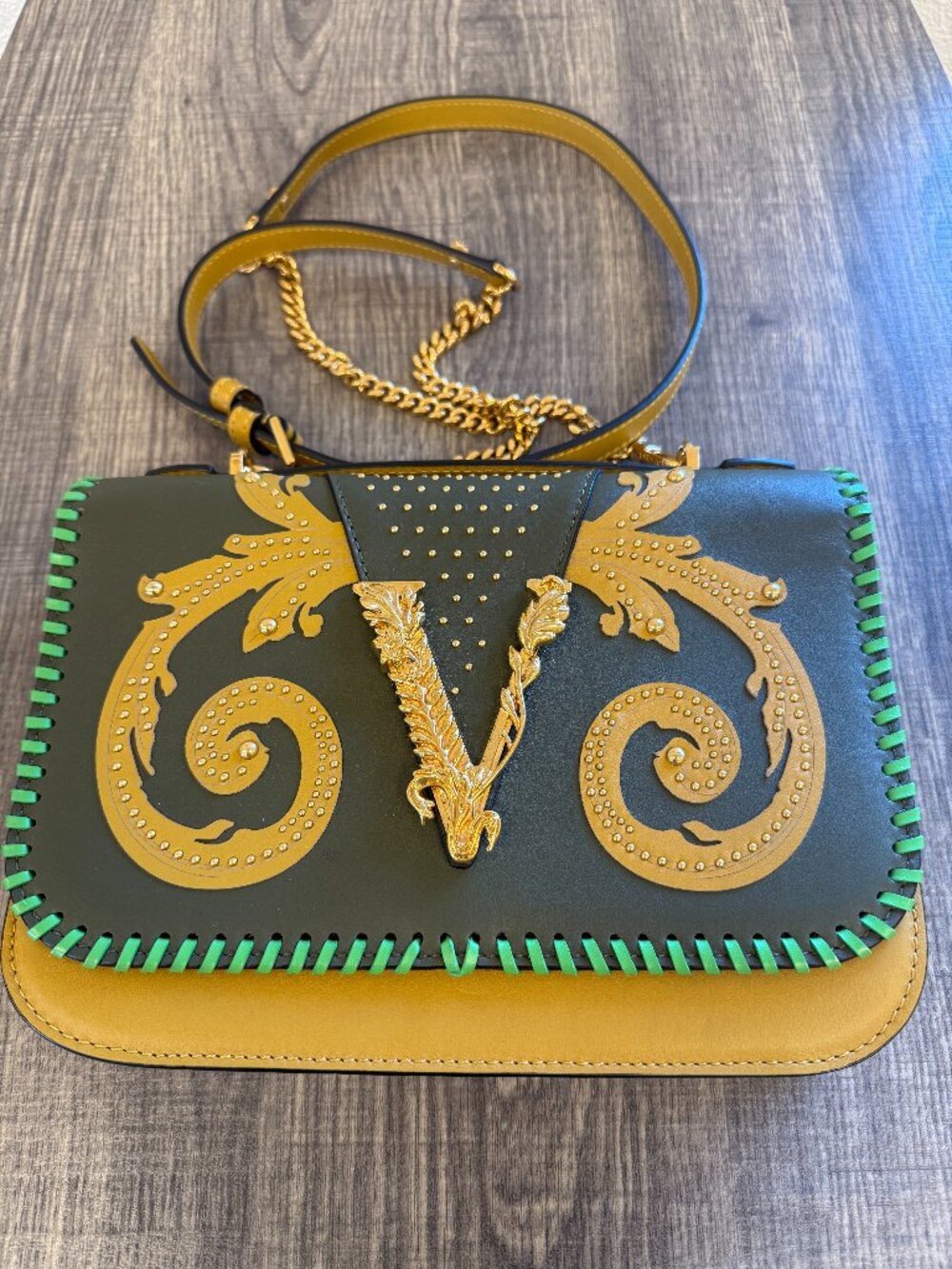 Versace Virtus Leather Bag Baroque Gold Hardware Italy Rare